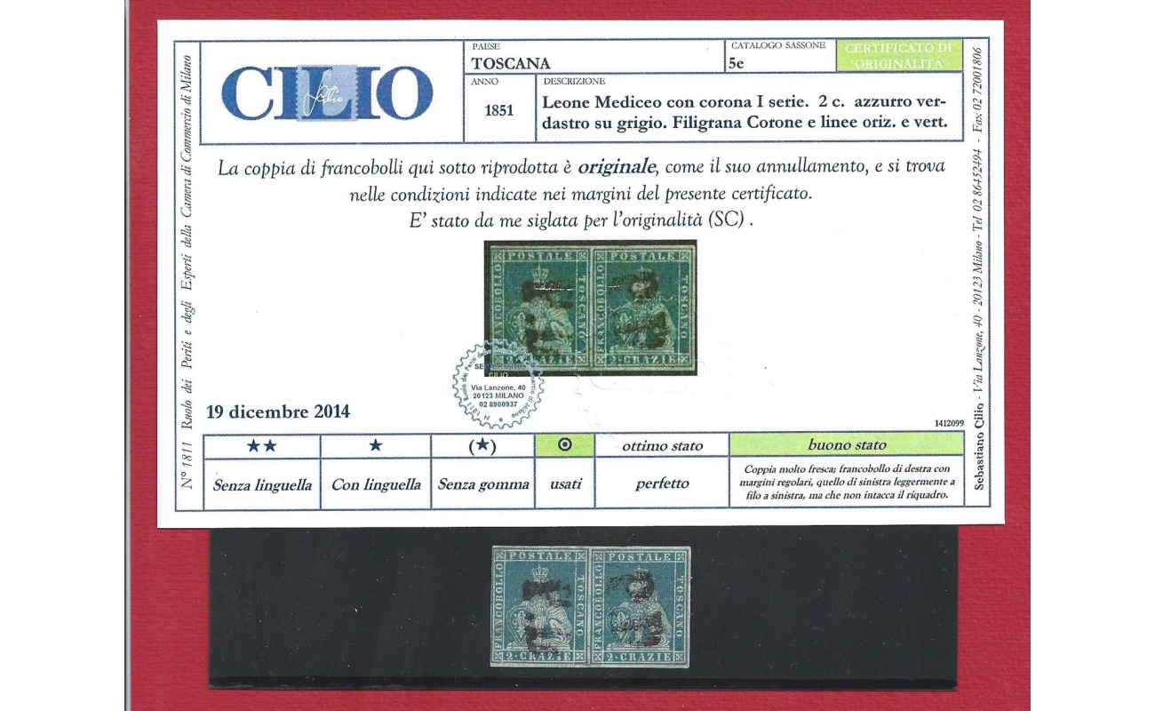 1851-52 TOSCANA, n° 5e 2 cr. azzurro verdastro  COPPIA USATA  Certificato Cilio