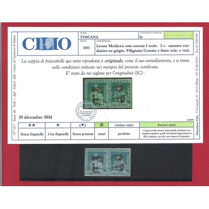1851-52 TOSCANA, n° 5e 2 cr. azzurro verdastro  COPPIA USATA  Certificato Cilio