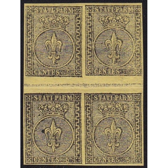 1852 PARMA 5 Cent giallo n° 1a Quartina con interspazi verticali  MLH/*  RARA