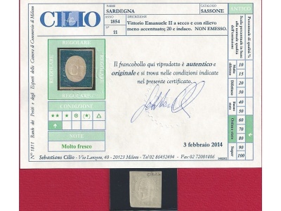 1854 SARDEGNA - n° 11 indaco  MNH/**  Certificato Cilio