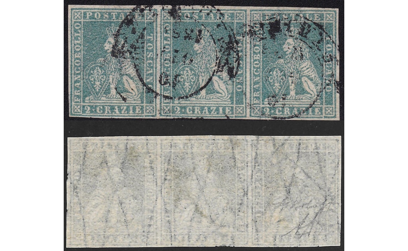 1857 TOSCANA, n° 13  2cr. azzurro STRISCIA DI TRE USATA Certificato BOLAFFI