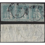 1857 TOSCANA, n° 13  2cr. azzurro STRISCIA DI TRE USATA Certificato BOLAFFI