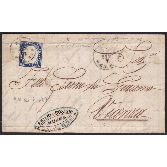 1862 REGNO DI ITALIA, n° 2k 20 cent. indaco non dentellato in basso su lettera