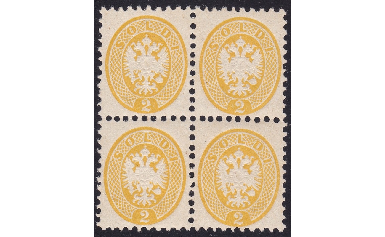 1865 LOMBARDO VENETO, n. 41 - 2 soldi giallo ,  dentellato 9 1/2 - MNH**  - QUARTINA
