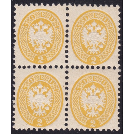 1865 LOMBARDO VENETO, n. 41 - 2 soldi giallo ,  dentellato 9 1/2 - MNH**  - QUARTINA