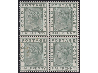 1884 GOLD COAST, SG 11 in block of four MLH/MNH - brown spots on one stamp