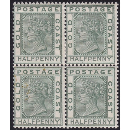 1884 GOLD COAST, SG 11 in block of four MLH/MNH - brown spots on one stamp