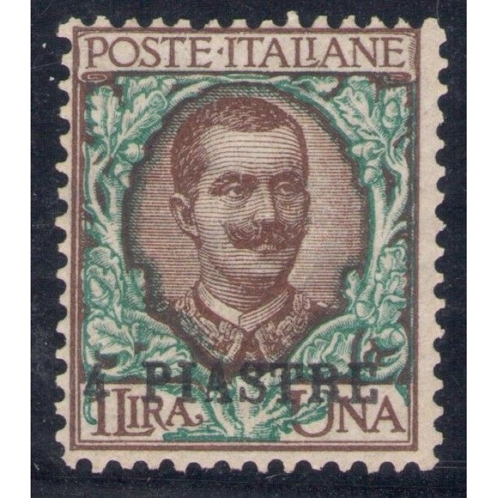 1908 Levante Costantinopoli 4 piastre su 1 L bruno verde 13 MNH** Cert Raybaudi