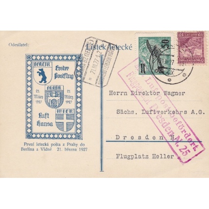 1927 CECOSLOVACCHIA, ERSTFLUG PRAHA-DRESDEN SONDERCARTE