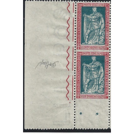 1928 Italia - Regno , Emanuele Filiberto,  n° 227o  MNH ** COPPIA VERTICALE ANGOLO DI FOGLIO