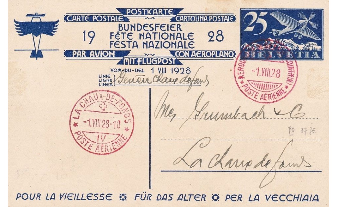 1928 SVIZZERA ,  BUNDESFEIER N° 53 VOLO GENEVE-LE CHAUX DE FONDS