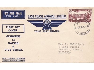 1935 NEW ZEALAND/NUOVA ZELANDA, SG n° 548 on First flight Gisborne-Napier