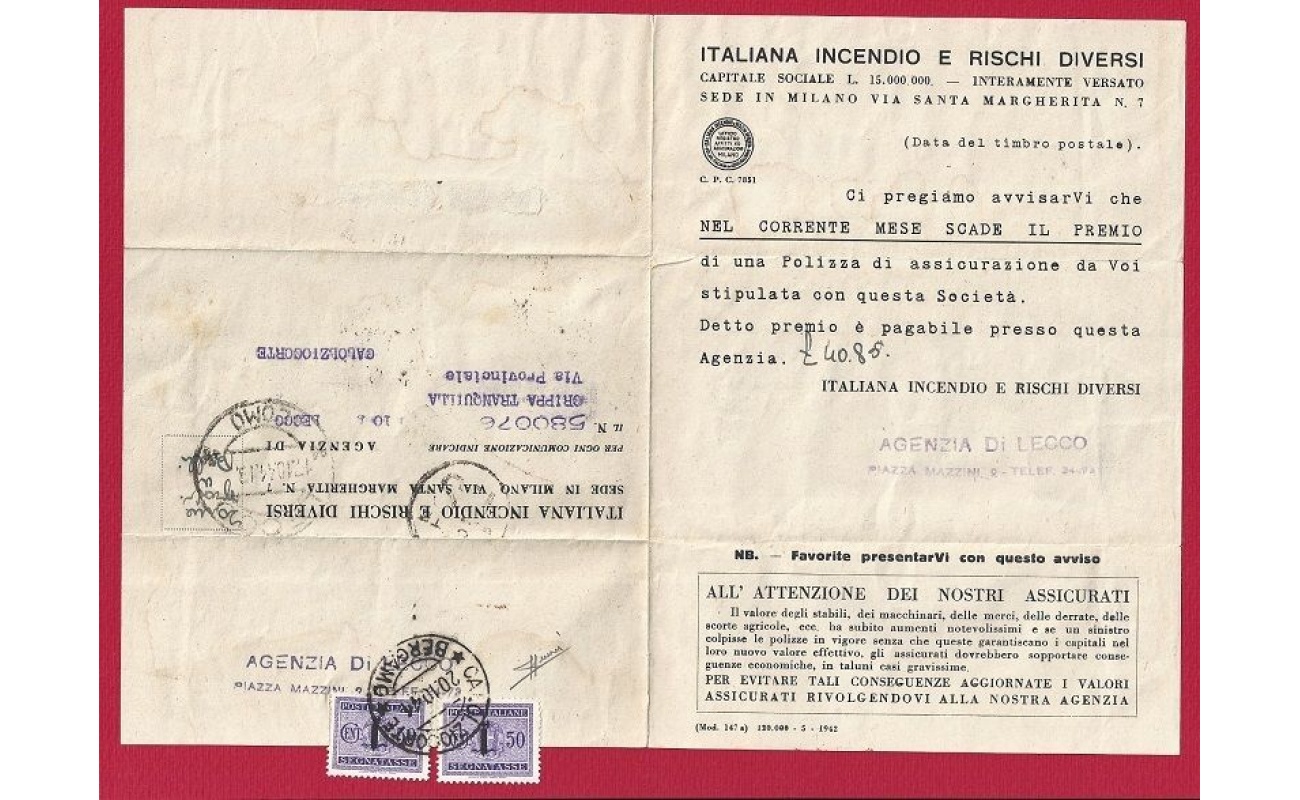 1944 RSI - Segnatasse n° 66 coppia su avviso assicurativo , Firma Sorani , Usati