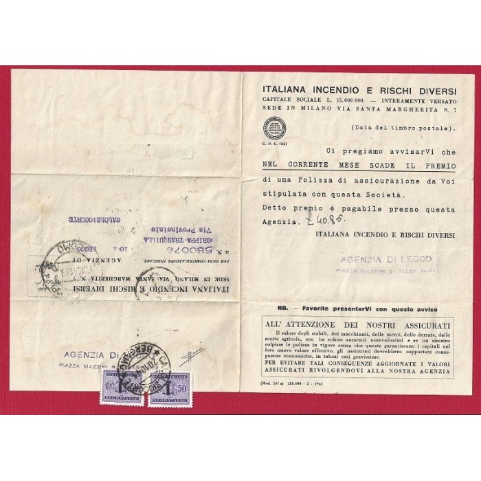 1944 RSI - Segnatasse n° 66 coppia su avviso assicurativo , Firma Sorani , Usati