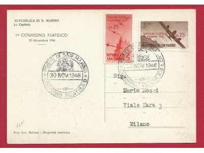 1946 San Marino, n° 298/299 su cartolina I° Convegno Filatelico