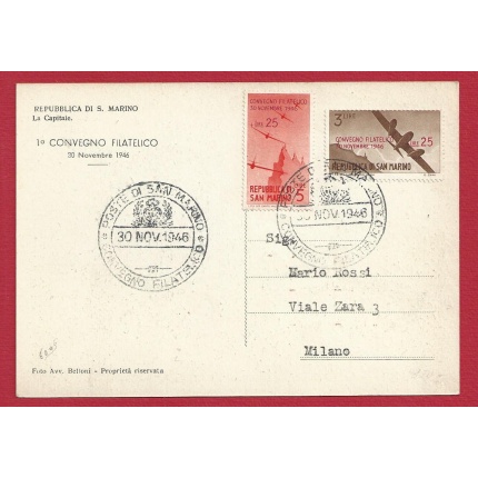 1946 San Marino, n° 298/299 su cartolina I° Convegno Filatelico