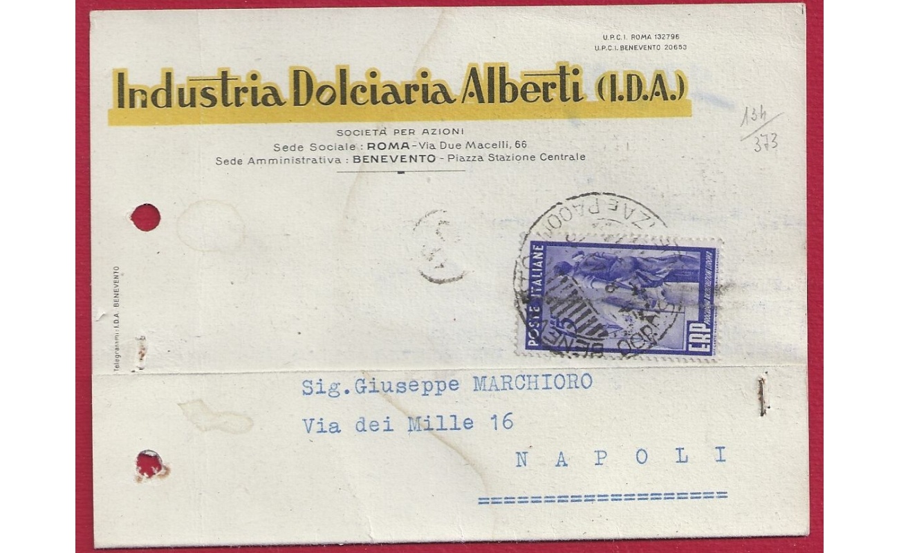 1949 Repubblica, n° 602 15 lire ERP isolato su cartoncino