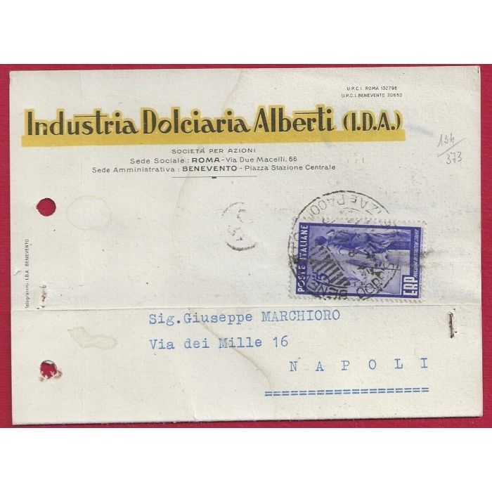 1949 Repubblica, n° 602 15 lire ERP isolato su cartoncino