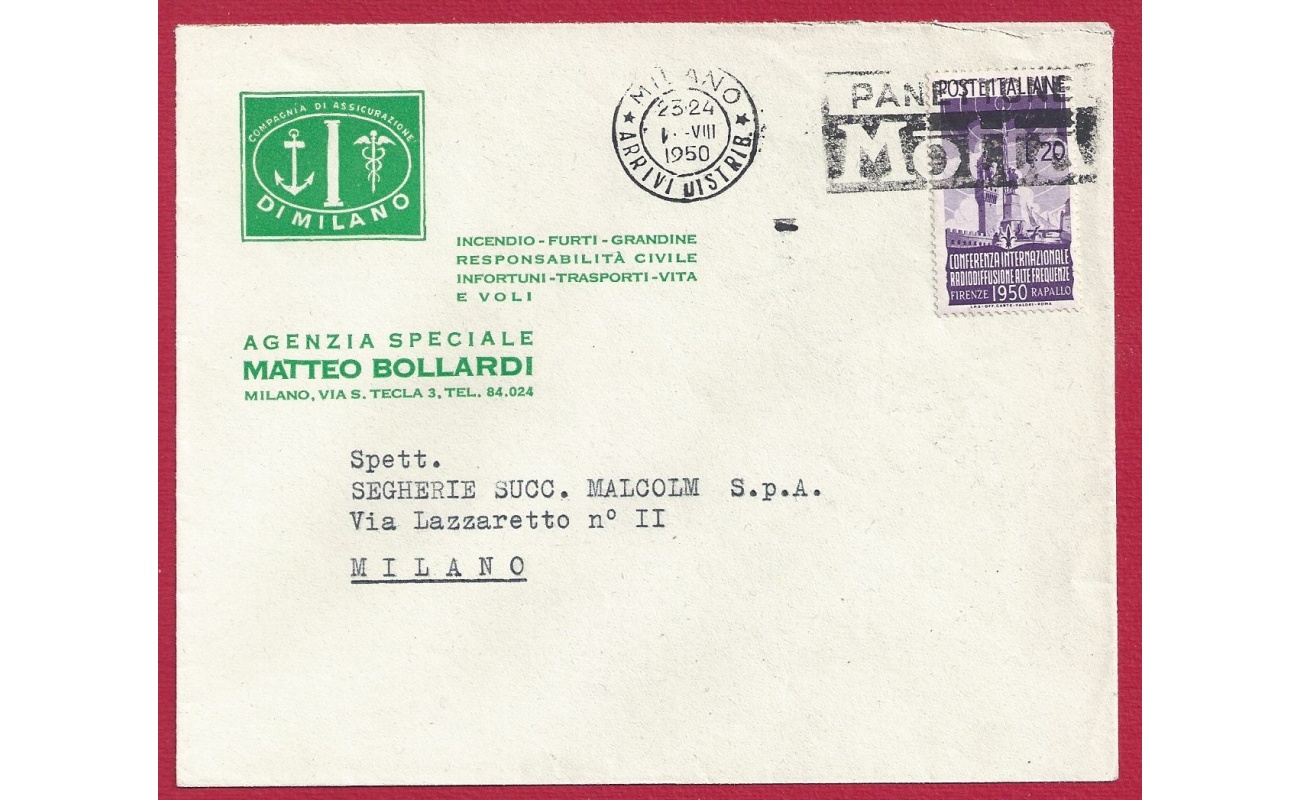1950 Repubblica, n° 623 20 lire Radiodiffusione isolato su lettera pubblicitaria