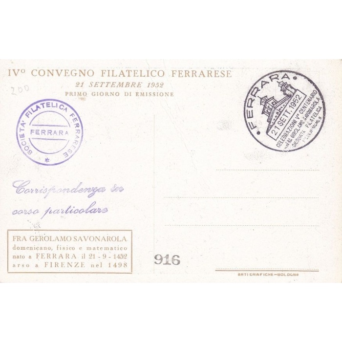 1952 Savonarola,n° 696 cartolina Maximum con annullo speciale