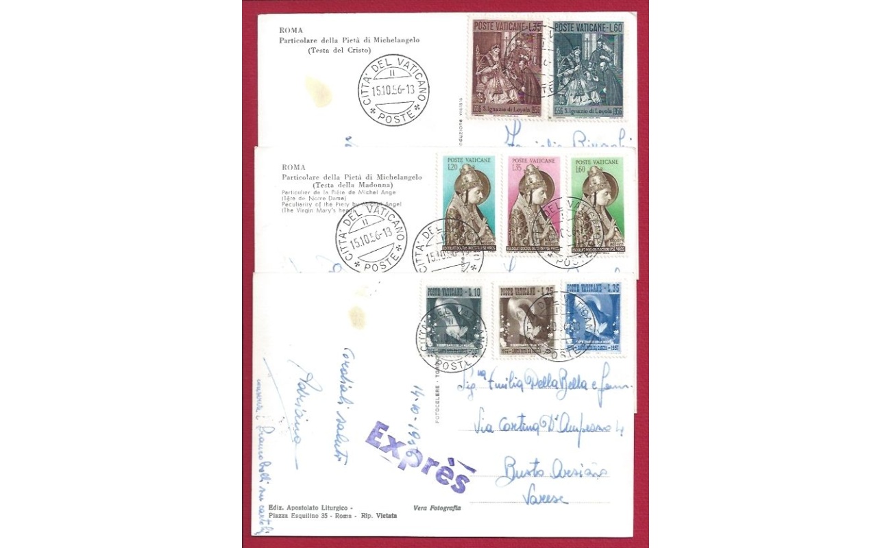 1956 Vaticano, le serie 197/199 + 209/211 + 212/213 su cartoline VIAGGIATE