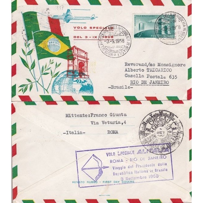 1958 REPUBBLICA,n° 837 Amicizia italo-brasiliana Volo speciale