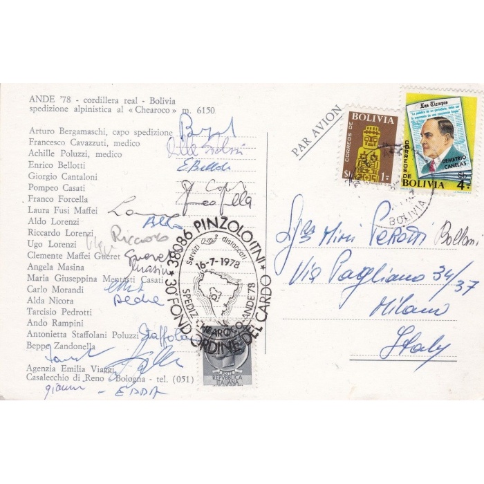 1978 BOLIVIA, Cartolina della spedizione alpinistica 'El Chearoco' ANDE 78
