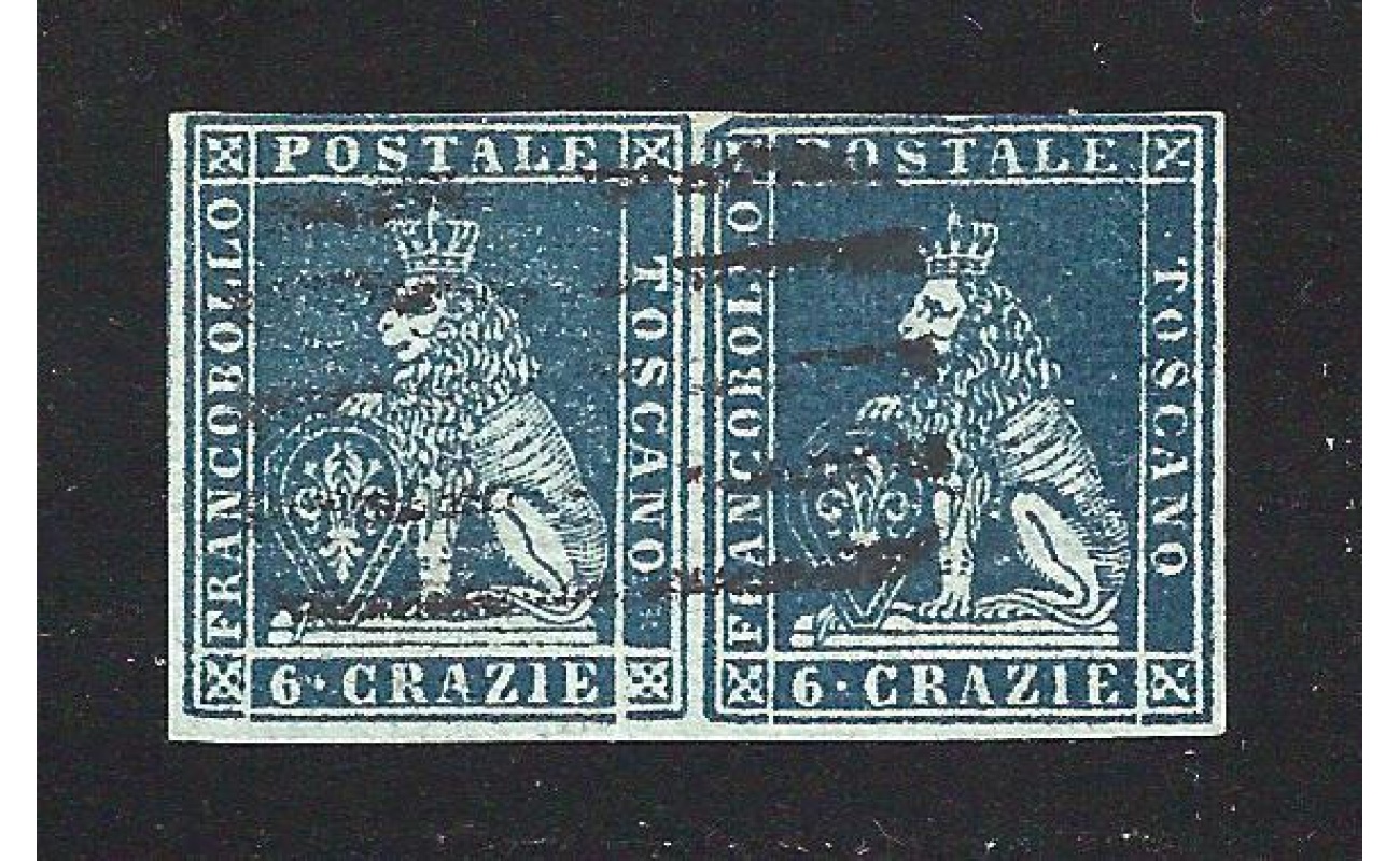 1851-52 TOSCANA, n° 7a 6 cr. indaco su azzurro COPPIA USATA Firmata A.Diena