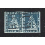 1851-52 TOSCANA, n° 7a 6 cr. indaco su azzurro COPPIA USATA Firmata A.Diena