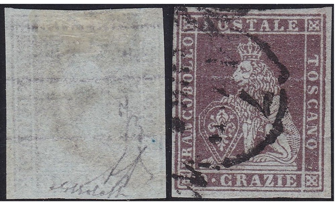 1851-52 TOSCANA, n° 8  9 cr.  USATO Certificato Bolaffi 150% Siglato A.Diena