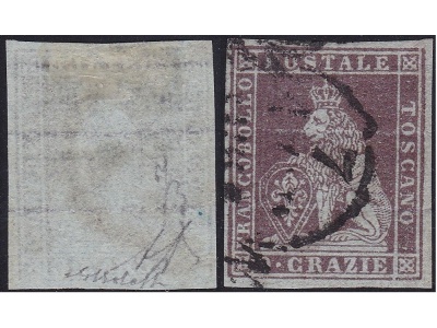 1851-52 TOSCANA, n° 8  9 cr.  USATO Certificato Bolaffi 150% Siglato A.Diena