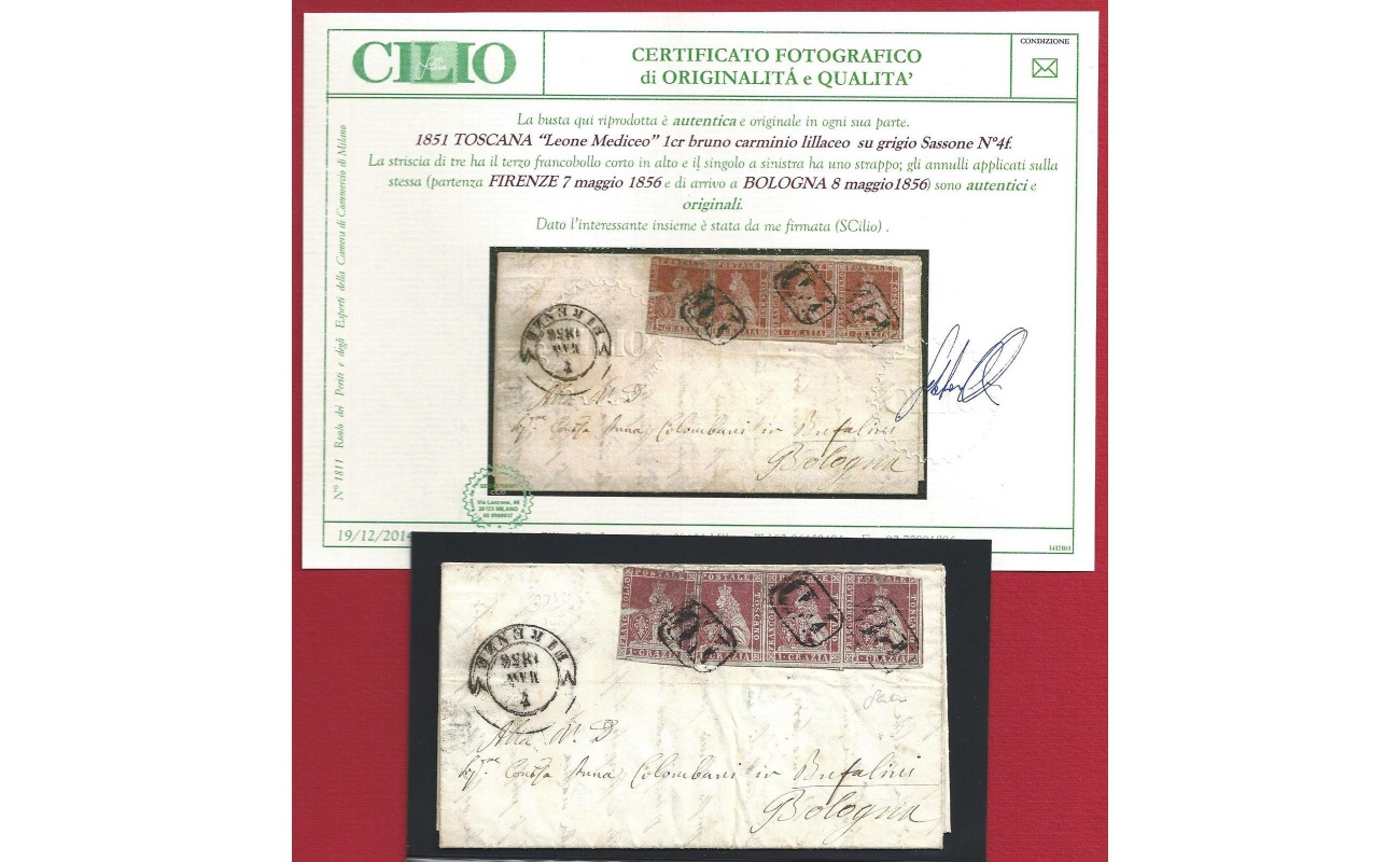 1851 TOSCANA, n° 4f  4 esemplari su lettera Certificato Cilio