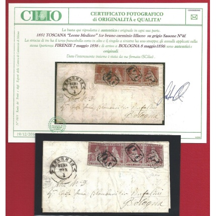 1851 TOSCANA, n° 4f  4 esemplari su lettera Certificato Cilio