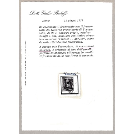 1860 TOSCANA, n° 20b  20 cent. azzurro grigio  Certificato Bolaffi