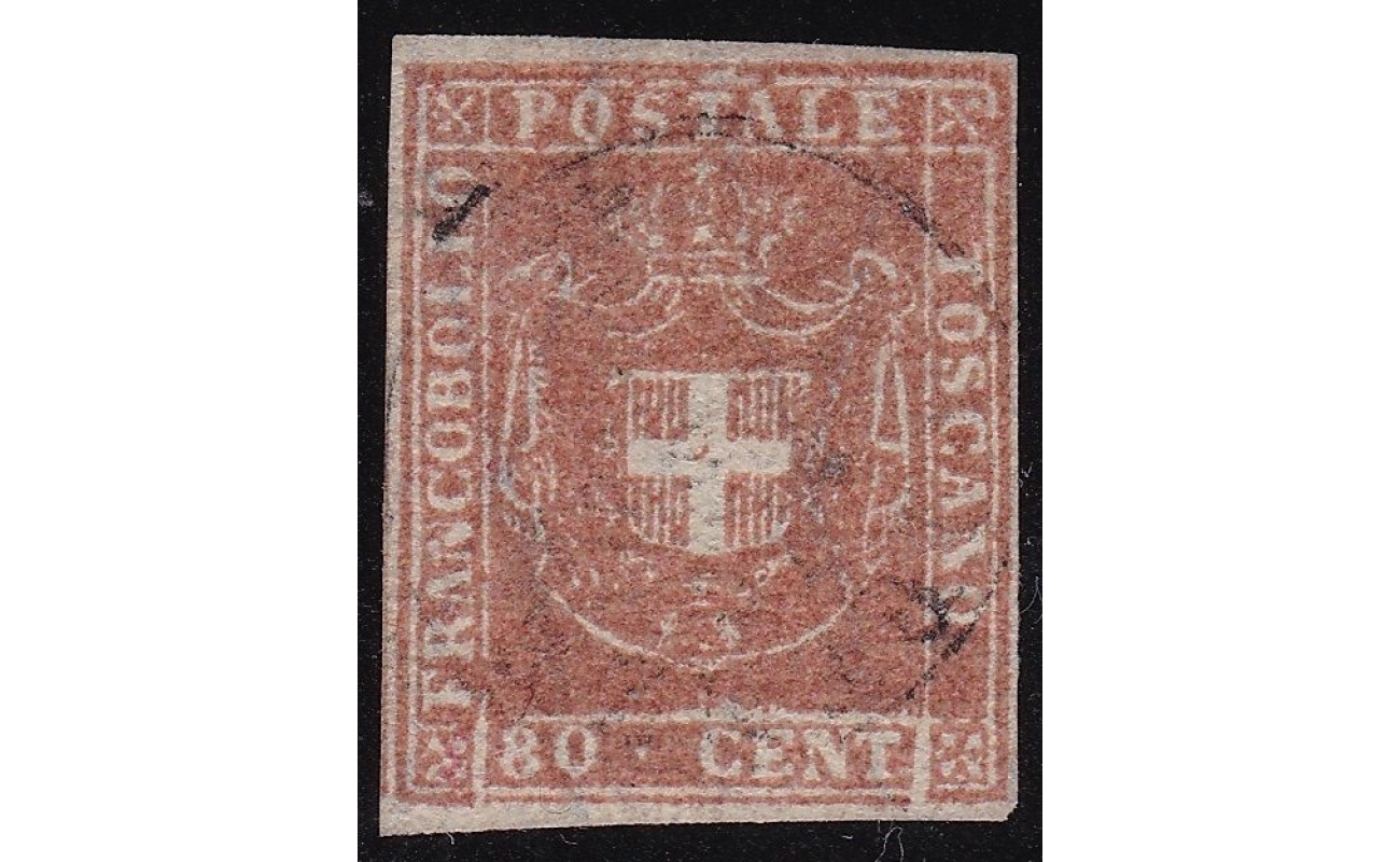 1860 TOSCANA, n° 22a 80 cent. bistro carnicino USATO Certificato Bolaffi