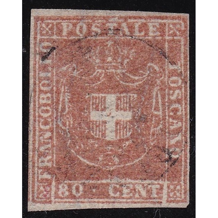 1860 TOSCANA, n° 22a 80 cent. bistro carnicino USATO Certificato Bolaffi