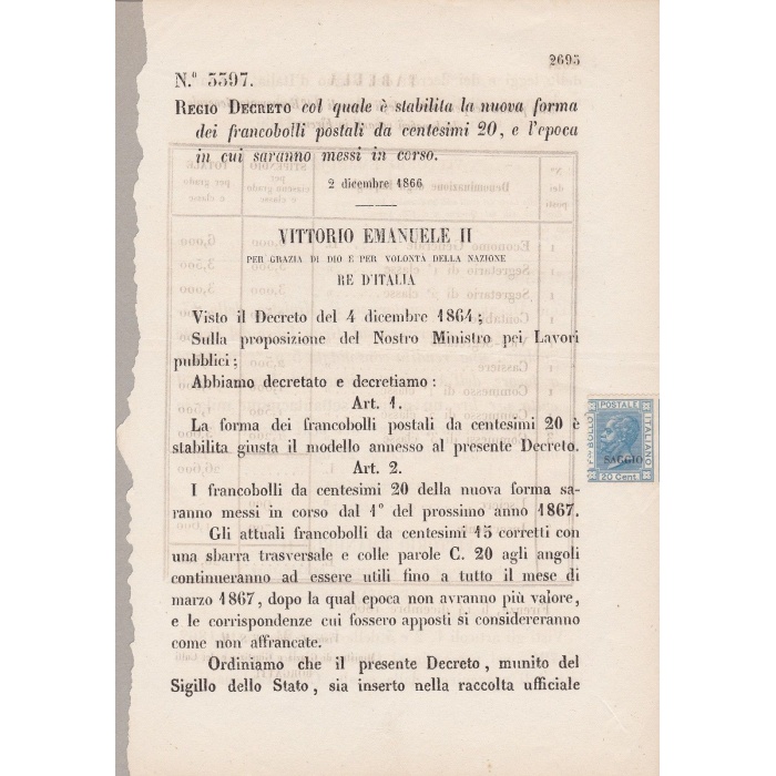 1867 - Vitt Em. II 20 c azzurro n° 26T SAGGIO su Regio Decreto