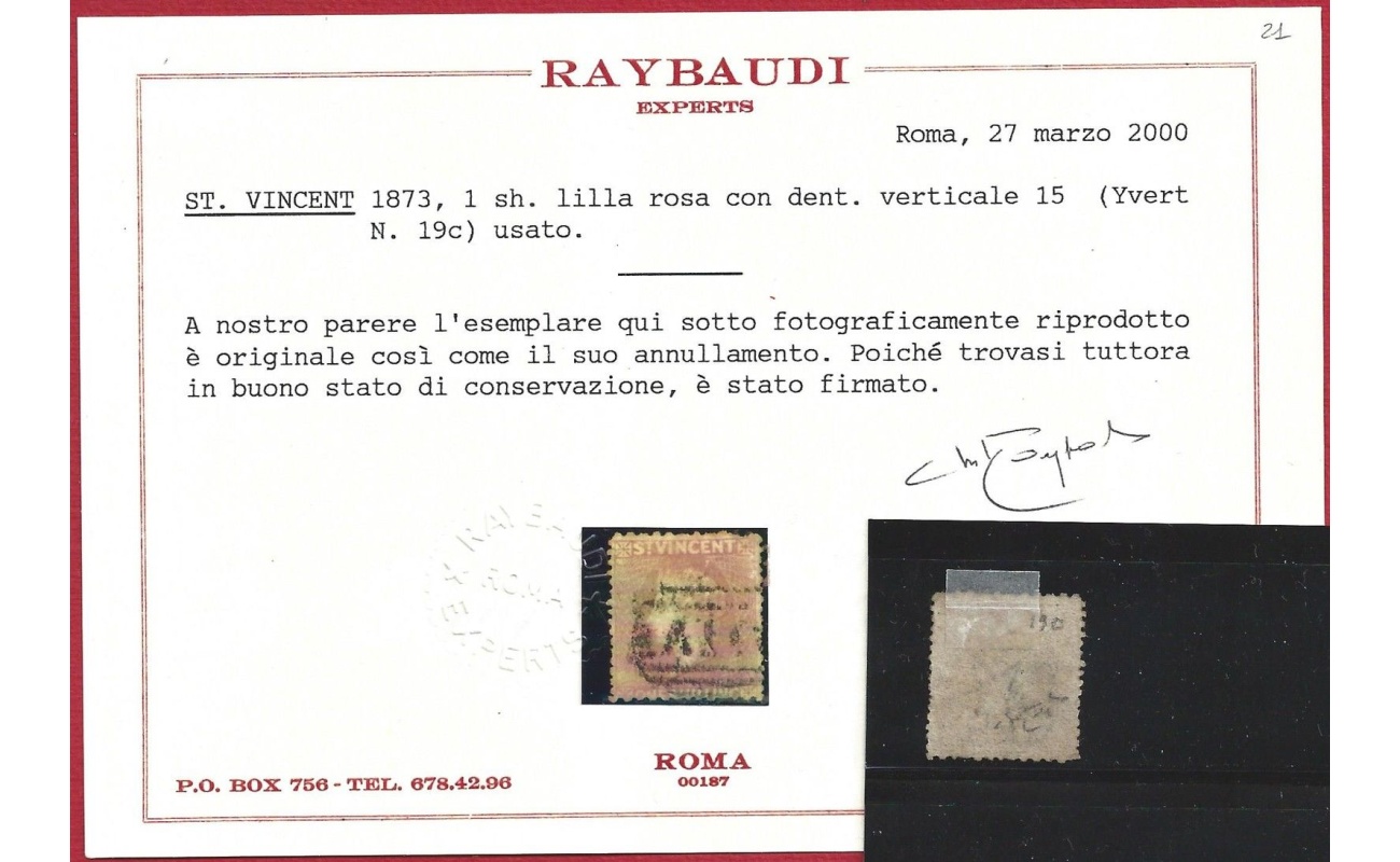 1873 ST. VINCENT - Yv. n° 19c 1sh. lilla rosa USATO Certificato Raybaudi