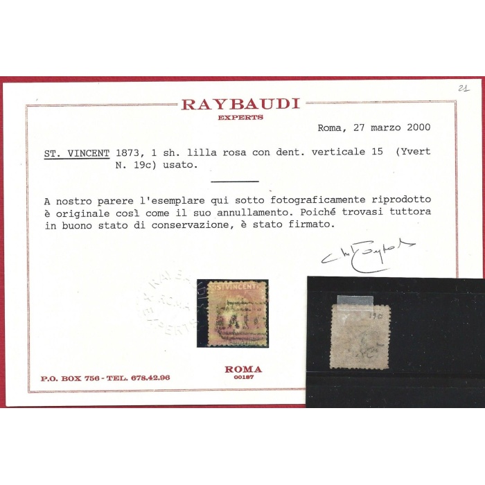 1873 ST. VINCENT - Yv. n° 19c 1sh. lilla rosa USATO Certificato Raybaudi