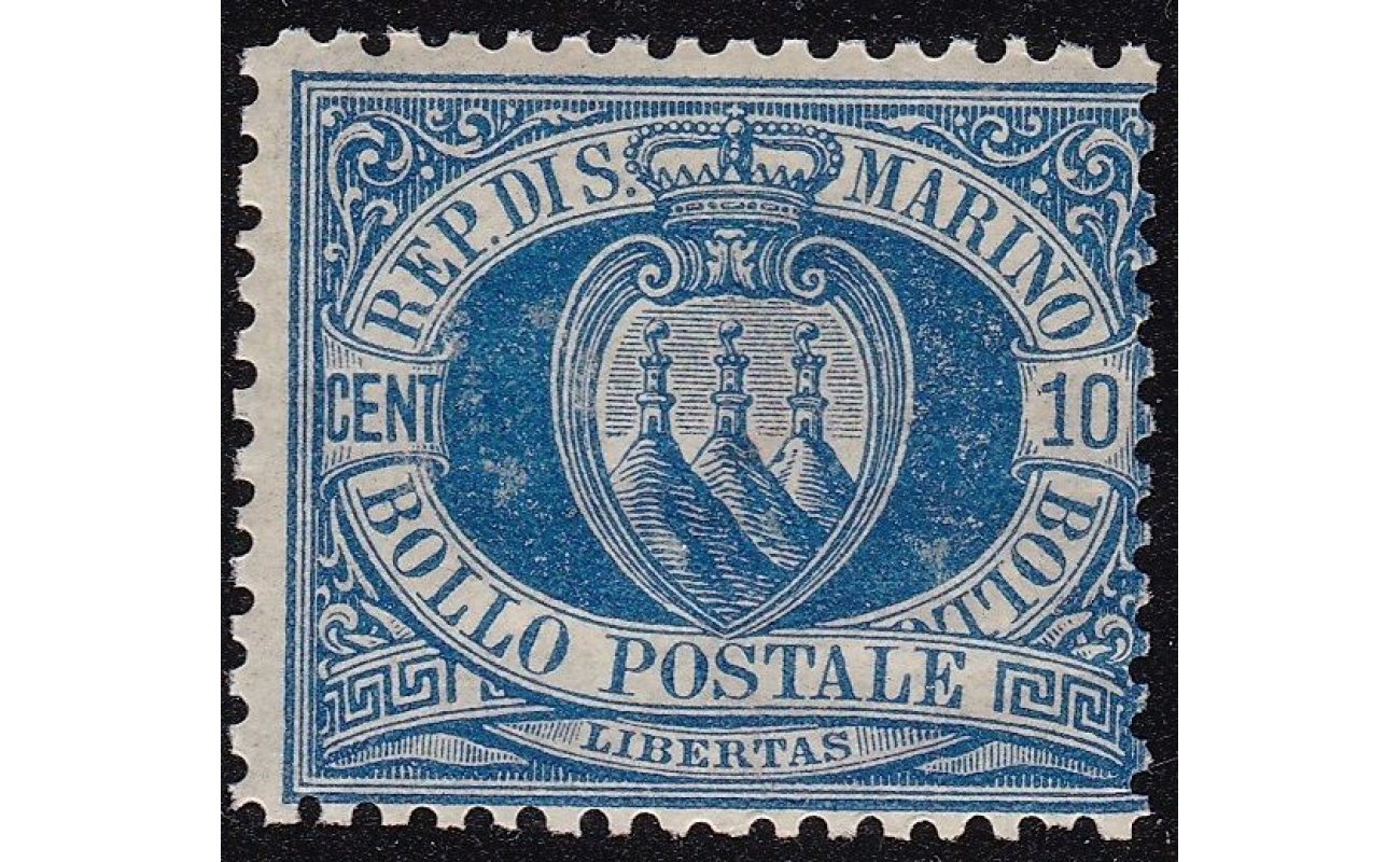 1877 SAN MARINO, n° 3A  10 cent. azzurro , MNH** Cert. Raybaudi ORO