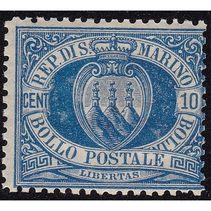 1877 SAN MARINO, n° 3A  10 cent. azzurro , MNH** Cert. Raybaudi ORO