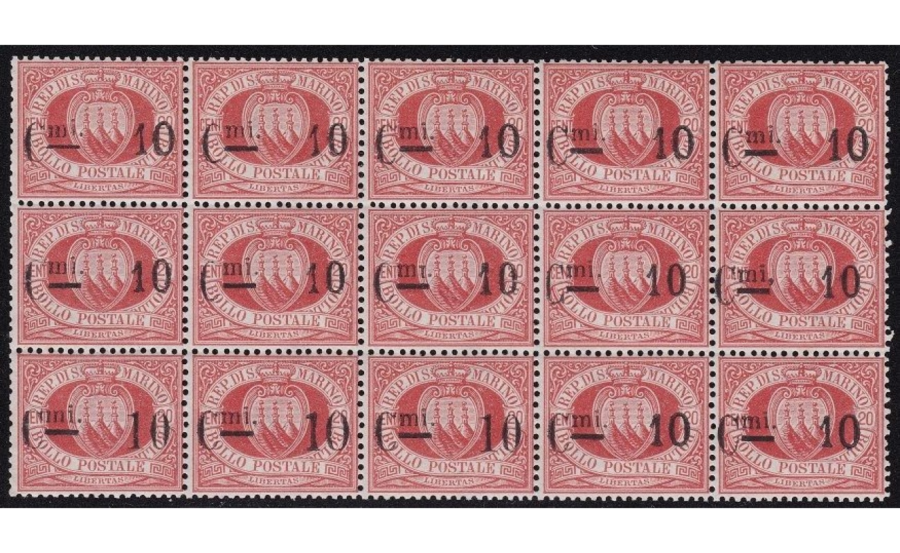1892 SAN MARINO, n° 10 10c. su 20c. rosso BLOCCO DI 15  MNH** Firma Bolaffi