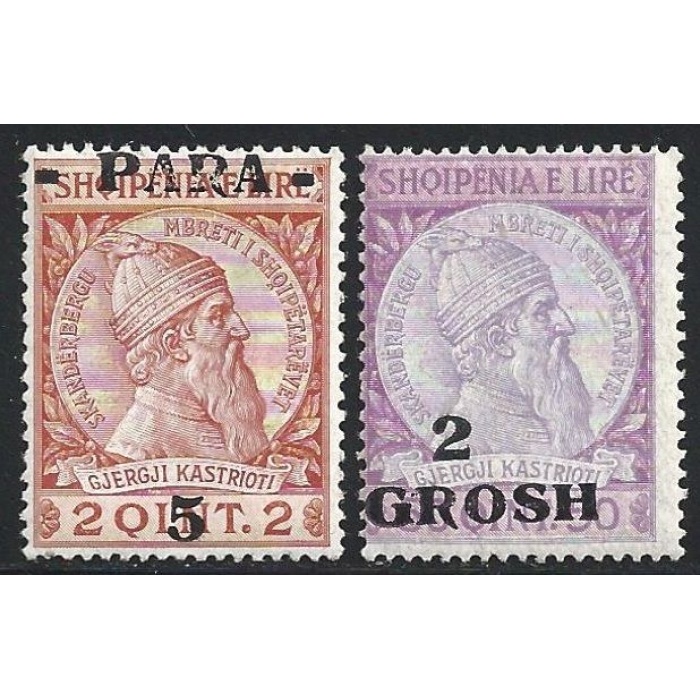 1914 ALBANIA - Squiperia, n° 41 e 45 sovrastampa fortemente spostata MLH/*