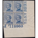 1923 Italia - Regno,   Michetti 60 cent, n° 157  MNH** QUARTINA NUMERO DI TAVOLA 8863