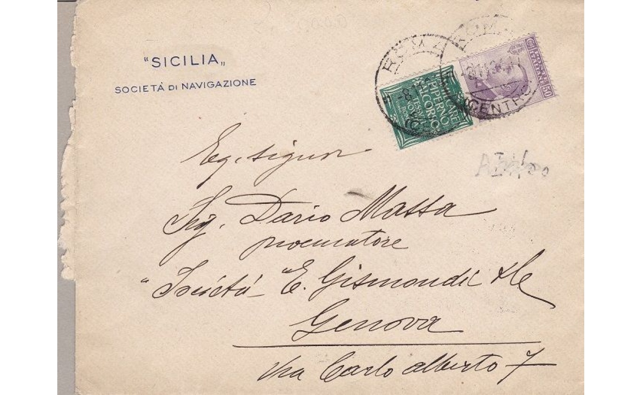 1924 Italia - Repubblica ,, Pubblicitari n° 13 Piperno 50c. su frontespizio di lettera