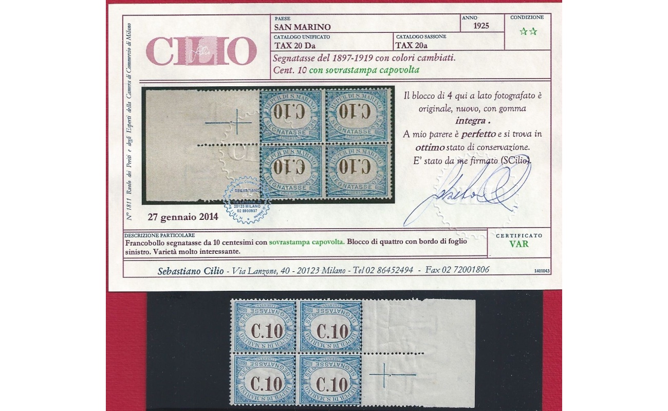 1925 SAN MARINO, Tasse n° 20a 10 cent. azzurro  MNH/** SOVRASTAMPA CAPOVOLTA