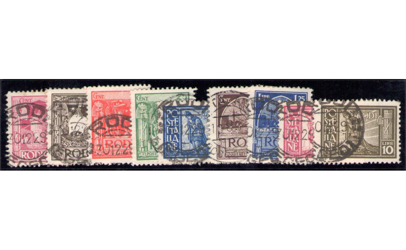 1929 Egeo, Serie Pittorica , dentellata 11 , n° 3/11 , 9 valori , USATA , Certificata Raybaudi
