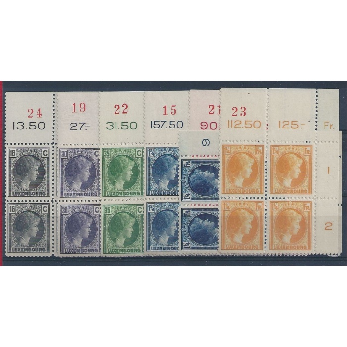 1930-31 LUSSEMBURGO, n° 219/225  MNH** QUARTINA CON NUMERO SPLENDIDE