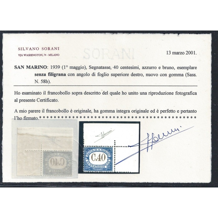 1939 SAN MARINO, Tasse n. 58b - 40 cent azzurro e bruno - Senza Filigrana - MNH** Cert. Sorani - Angolo di Foglio