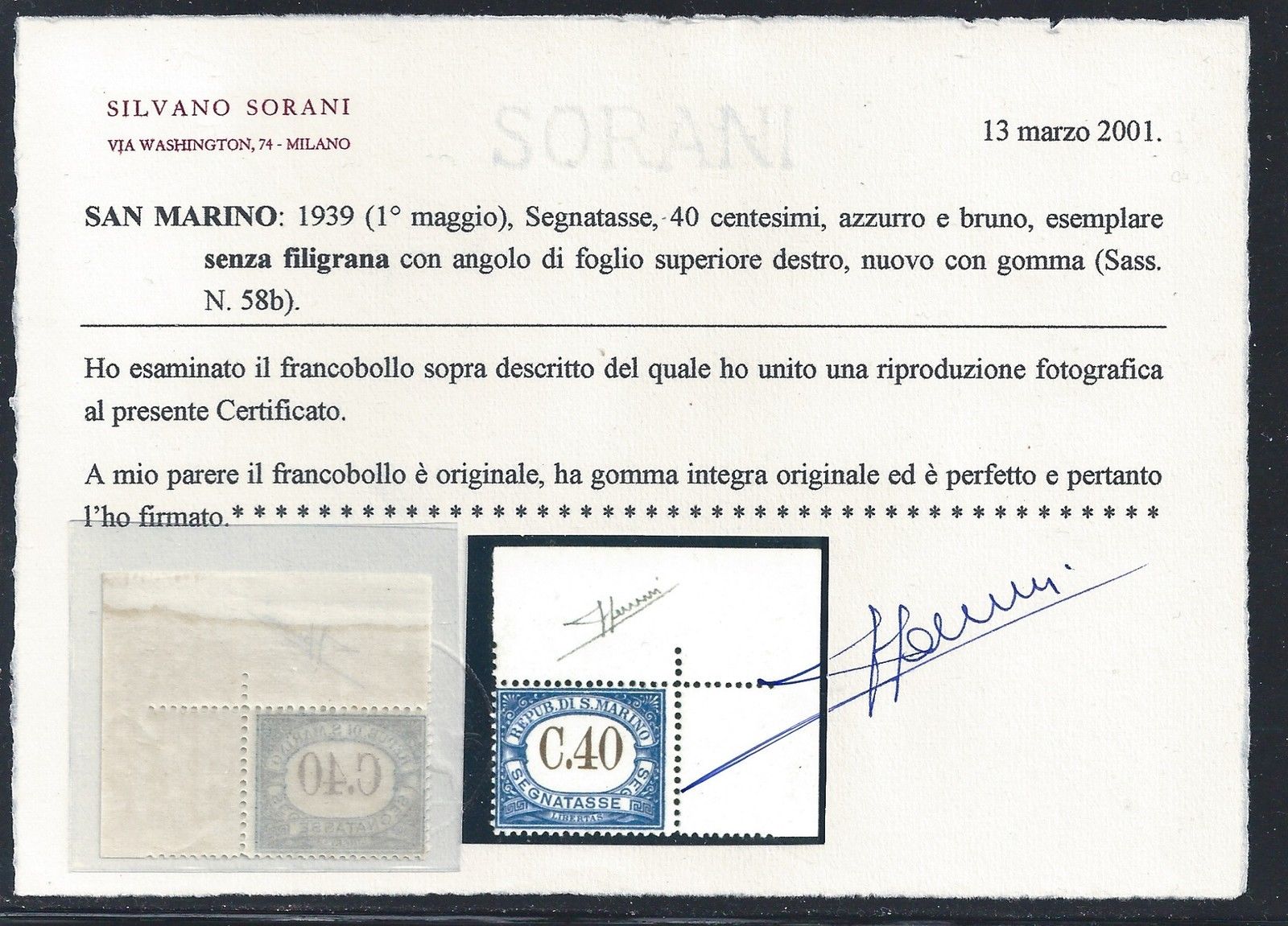 1939 SAN MARINO, Tasse n. 58b - 40 cent azzurro e bruno - Senza Filigrana - MNH** Cert. Sorani - Angolo di Foglio